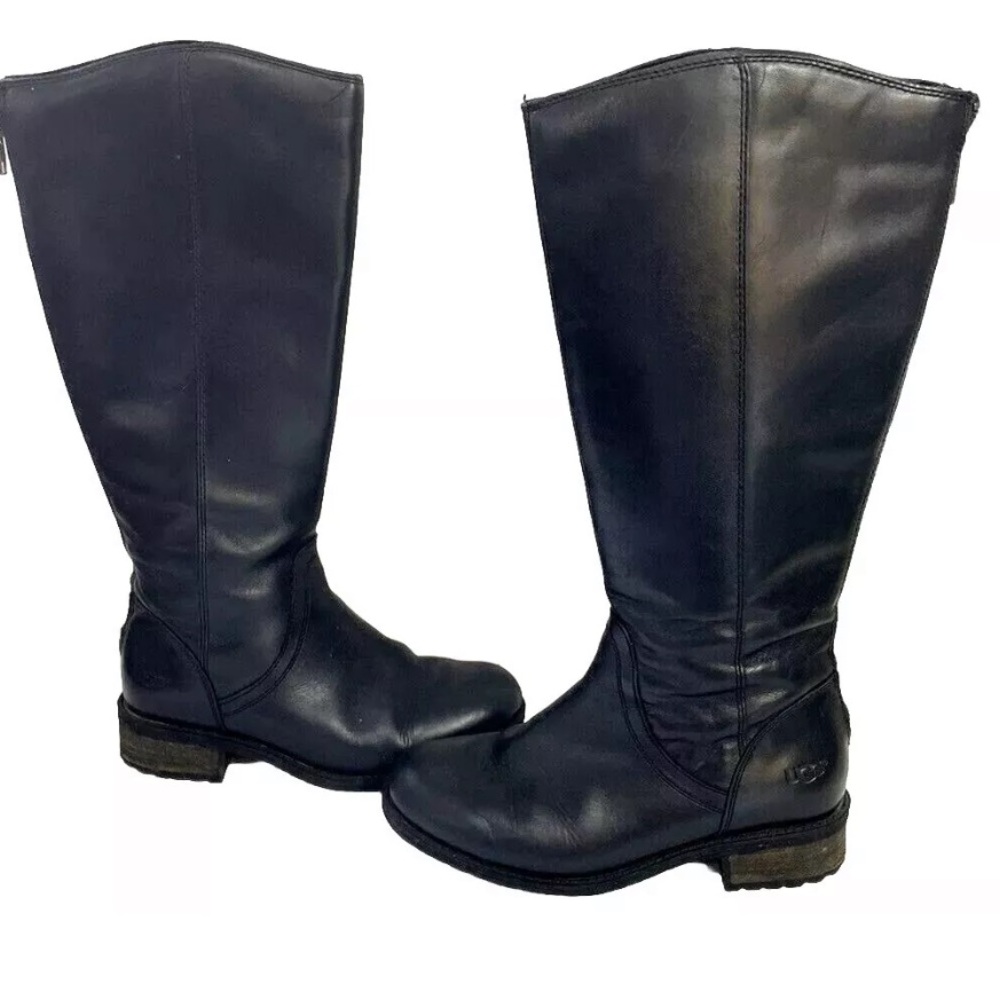 UGG Boots Tall BLACK LEATHER SELDON Full Back Zip Lug Type Sole Womens 6